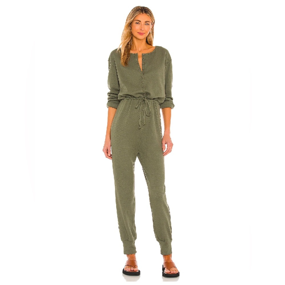 Lovers + Friends NWT LONG SLEEVE HENLEY JUMPSUIT Women’s S Green Waffle Thermal